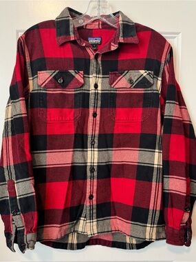 Patagonia Organic Cotton Plaid Flannel Shirt Red Black Heavyweight Size Small